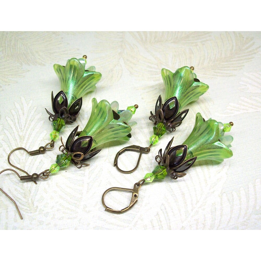 Green Flower Earrings Vintage Style Antique Bronze, Hand Painted Artisan Crafted